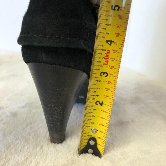 Black Suede Heeled Booties With Brown Strap and Buckle Size 37 (US 7) - Picture 5 of 13